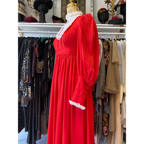 vintage 1970s red victorian style maxi dress lace bib balloon sleeves small - Picture 7 of 10